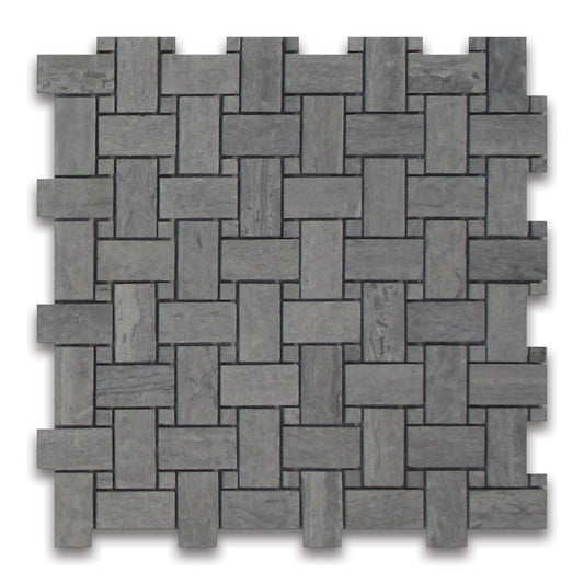 BLUE WOOD MARBLE MOSAIC HONED BASKET WEAVE WHITE DOT 12"x12"