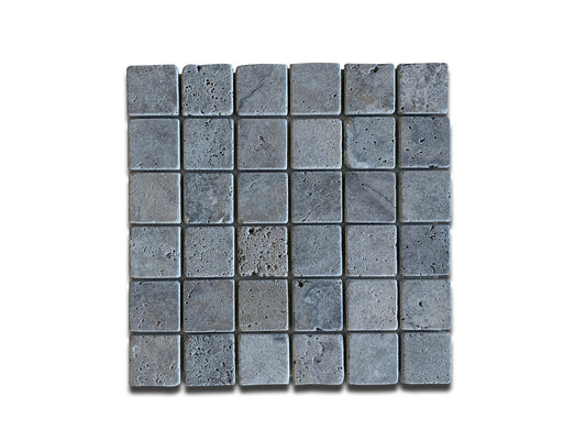 SILVER TRAVERTINE MOSAIC TUMBLED SQUARE 10"x10"