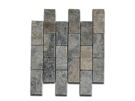 SILVER TRAVERTINE MOSAIC TUMBLED BRICK 12"x12"