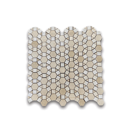 CREMA MARFIL BLOOM WITH WHITE SHELL WATER JET MOSAIC POLISHED 11.5"x11.75"