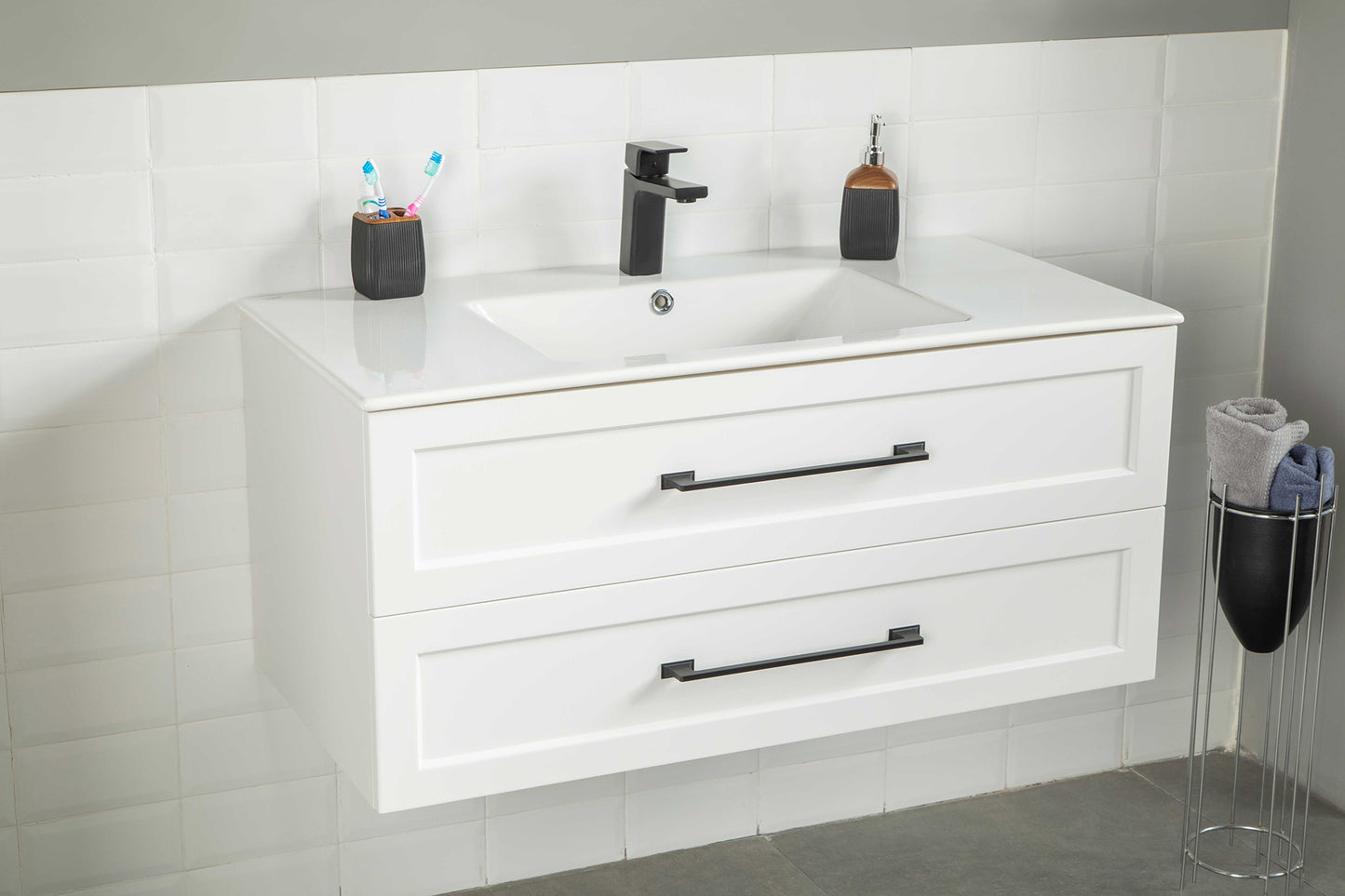 VERA WHITE 36" VANITY  WITH PORCELAIN TOP AND SINK